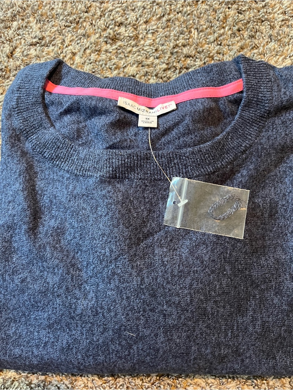 Isaac Mizrahi Navy Crewneck Sweater with Pink Trim